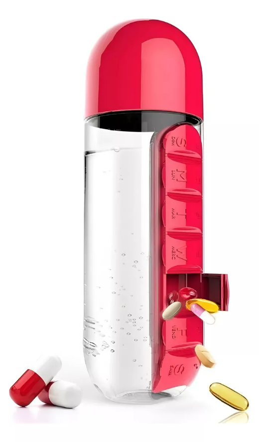 Botella de agua portátil con pastillero